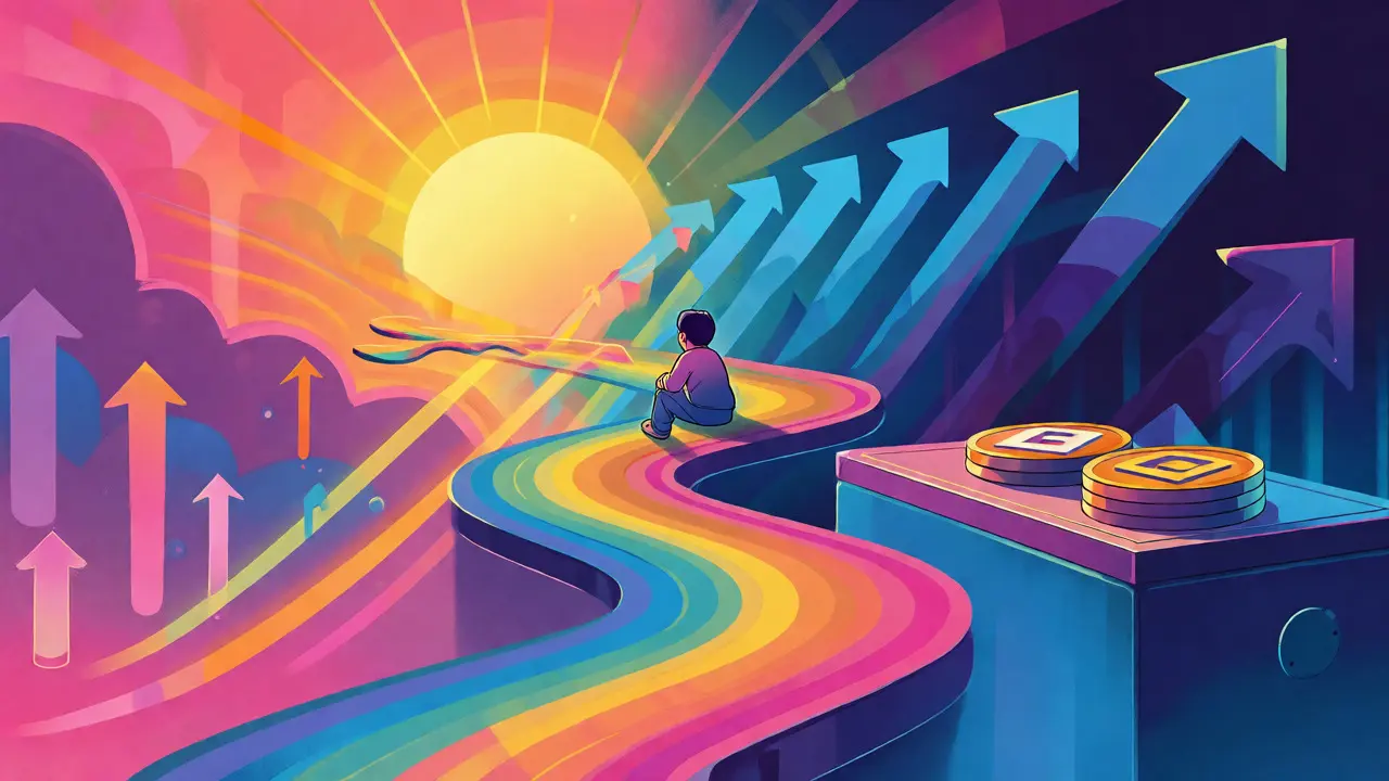 Conceptual art showing the journey of QBT tokens from hype to bear market in Peter Max style.