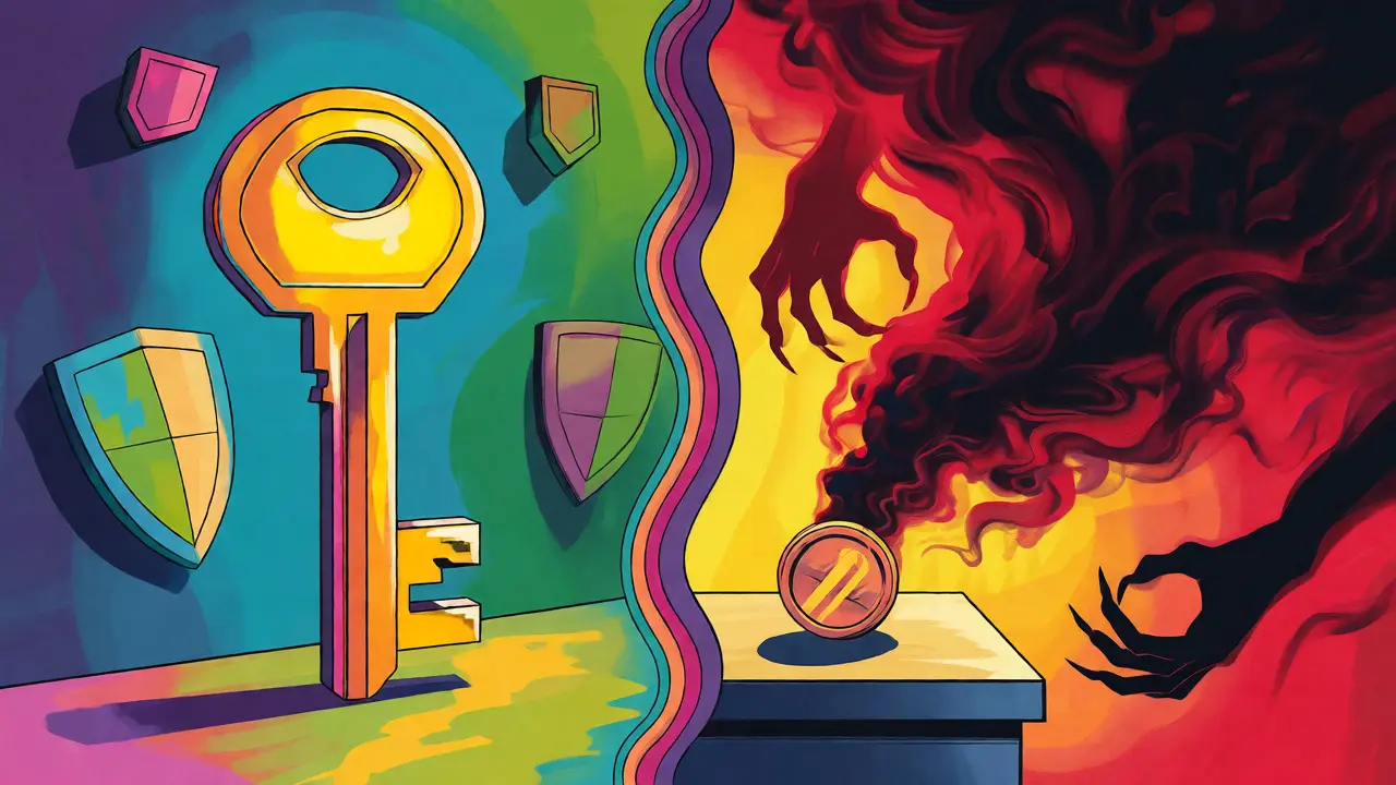 Crypto security vs scams illustrated in vibrant colors
