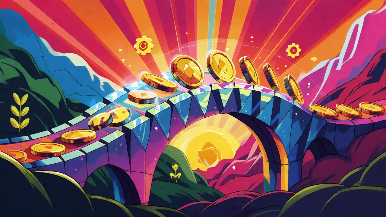 Crystal bridge connecting digital worlds with shrinking golden coins