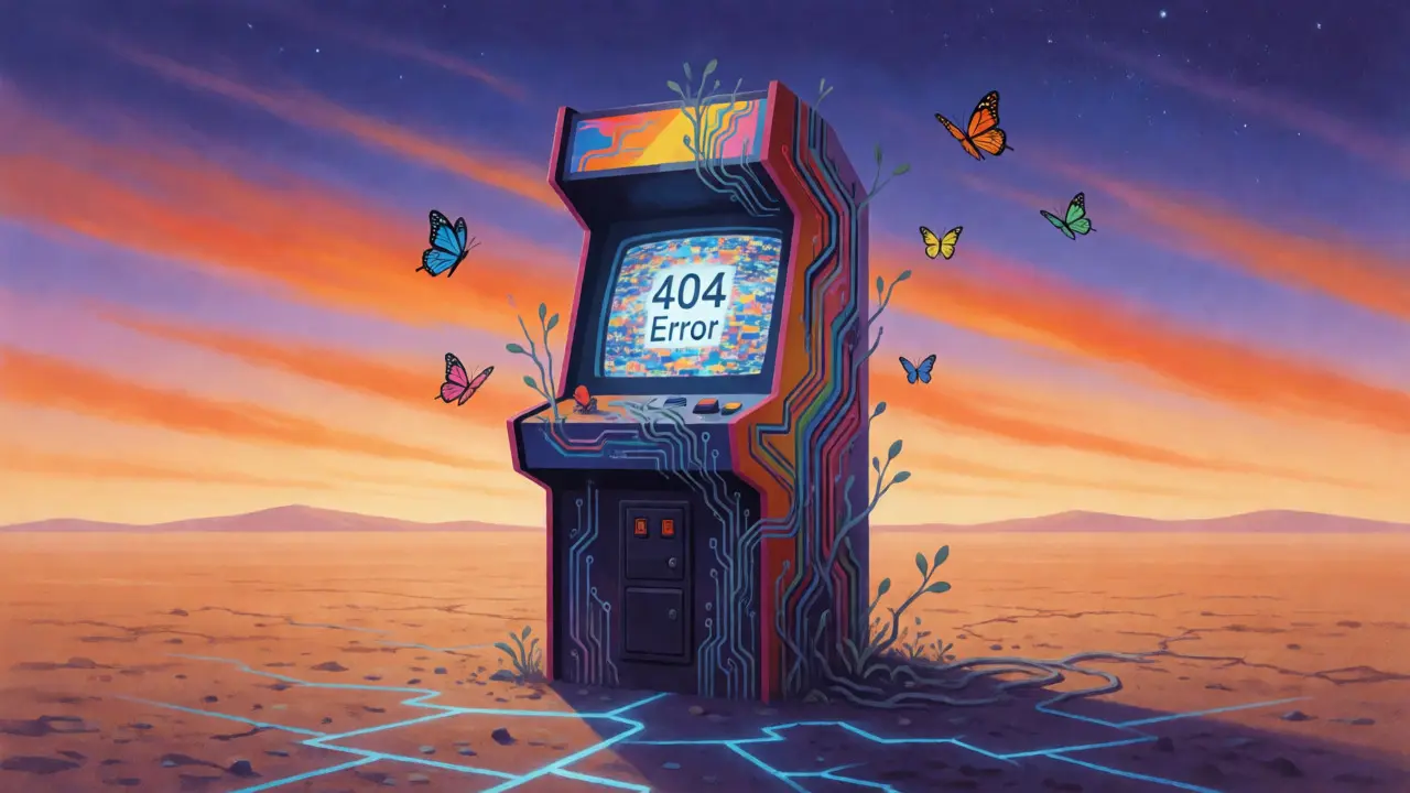 Deserted arcade cabinet with static screen in a colorful, abandoned Peter Max style landscape.