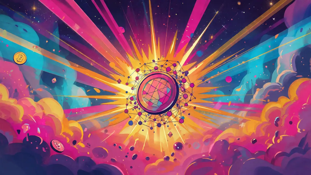 Explosive Peter Max style artwork showing a sunburst and rising crypto symbols celebrating the ban lift.