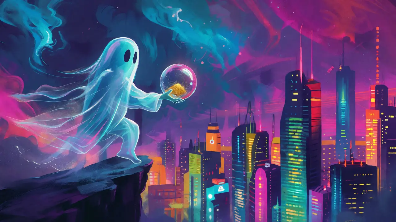 Fading ghost holding a fragile bubble amidst a vibrant, distant crypto cityscape.