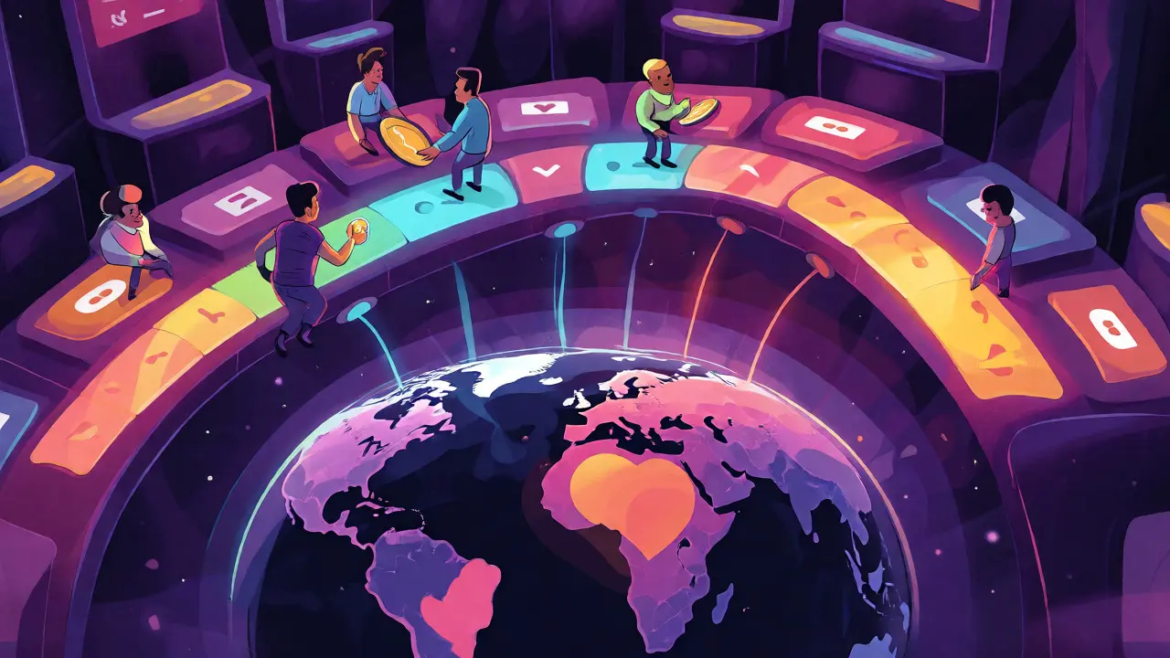 Futuristic DEX marketplace with charity-themed globe and trading bridges