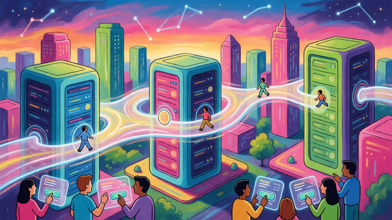 Futuristic neon cityscape with light bridges connecting Layer 2 networks for easy interoperability