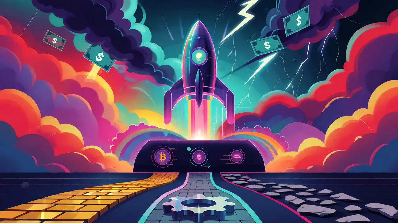 Futuristic rocket ascending through regulatory storms, symbolizing strategic compliance paths.