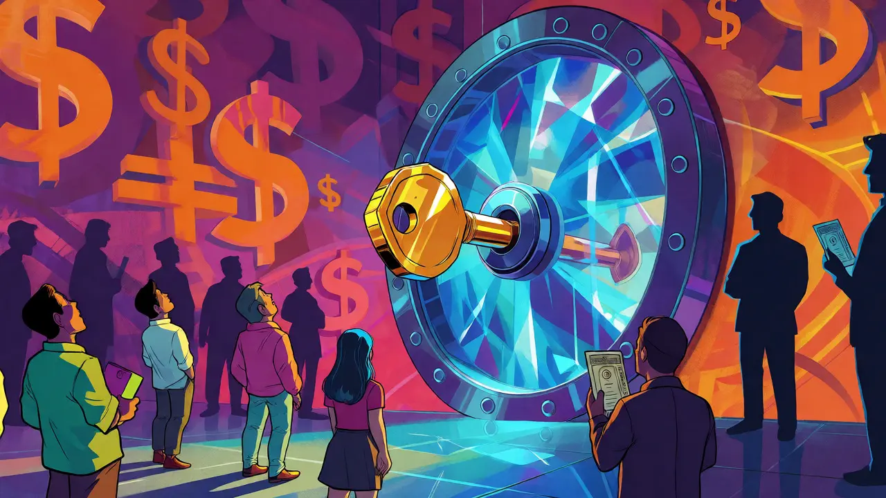 Glowing vault requiring large capital key surrounded by entrepreneurs