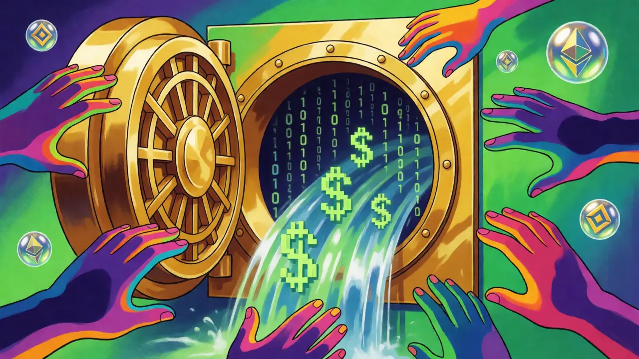 Golden vault releasing binary code and pixelated money to global hands