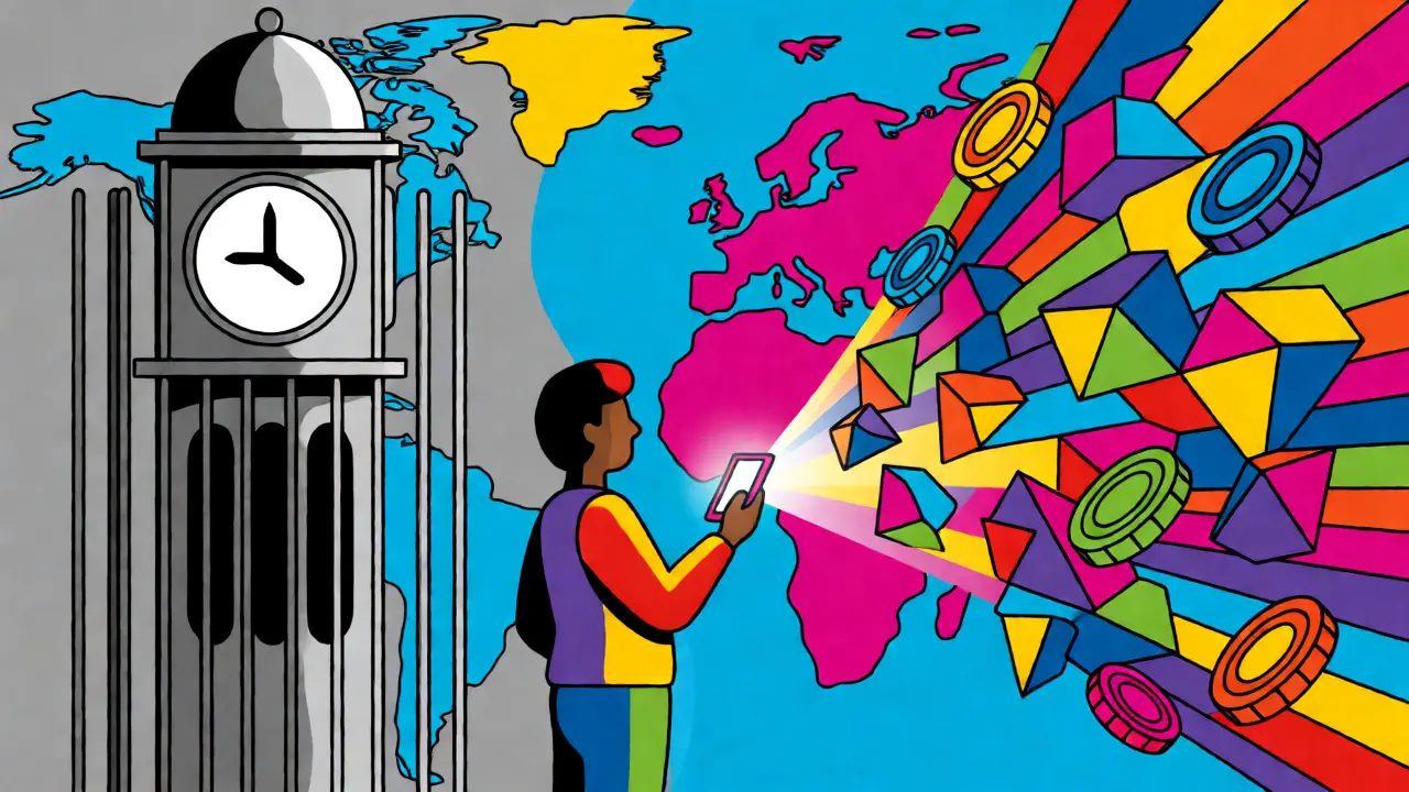Investor bridging traditional clock tower and colorful blockchain world