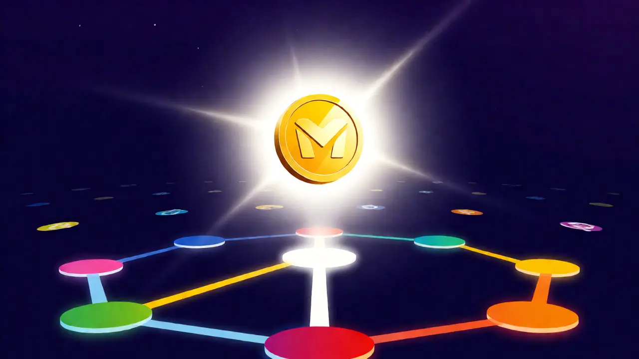 Radiant METIS token floating above DAC structure symbolizing scarcity and value