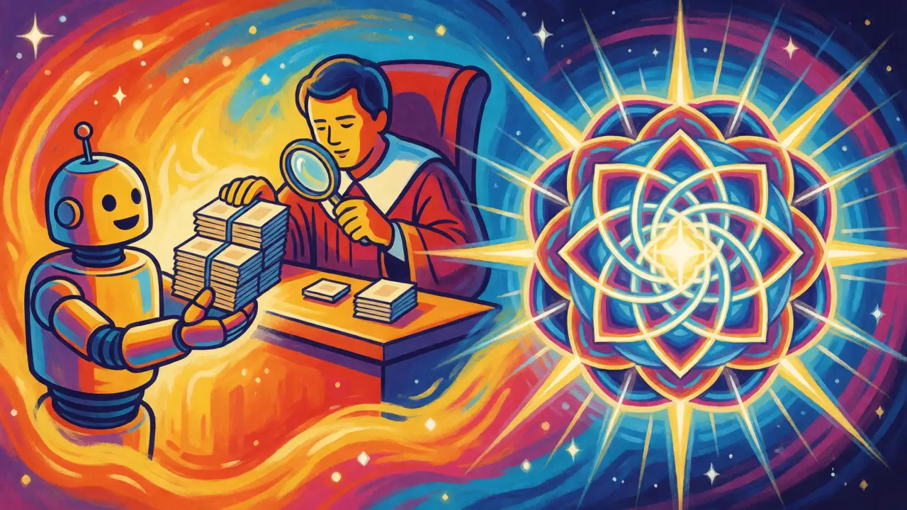 Split illustration comparing optimistic verification robots with instant ZK-proof mathematical knots