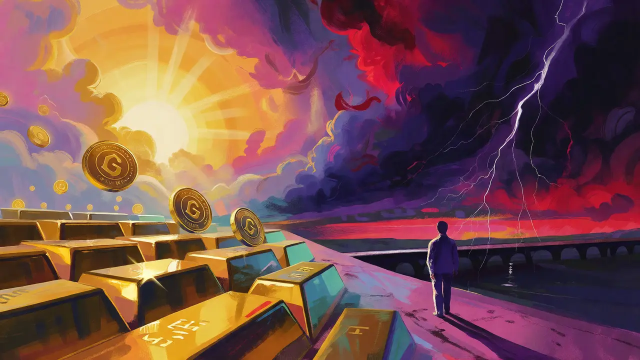 Split-scene Peter Max style art contrasting golden asset-backed tokens with a stormy vortex of market volatility and risk.