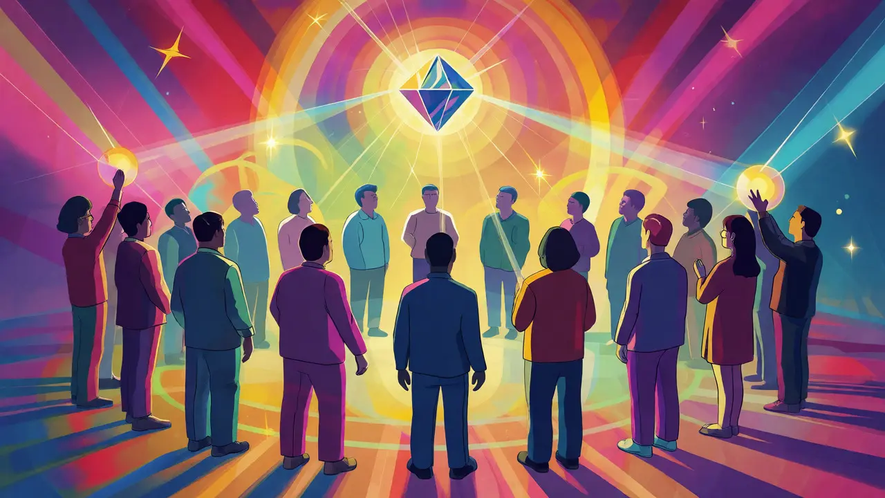 Stylized figures holding glowing orbs connected to a central token in a vibrant, rainbow-colored space.