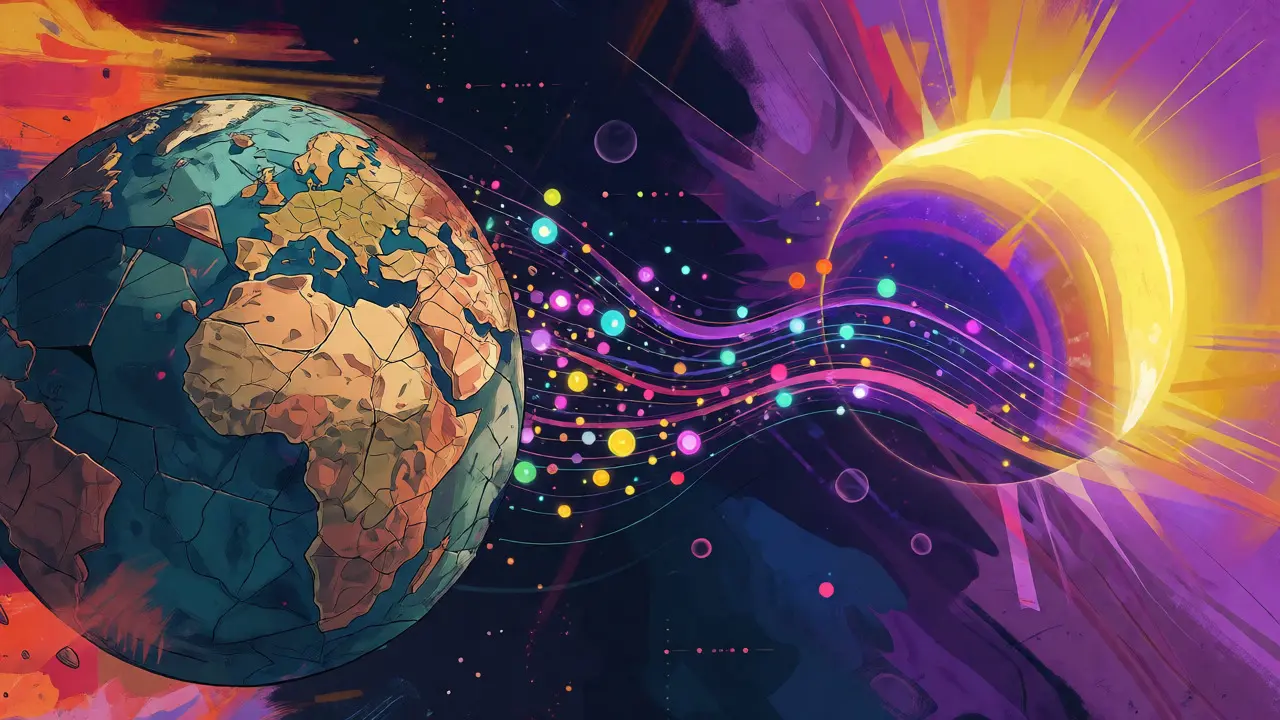 Surreal art showing tokens flowing from a cracked planet to a bright sun, symbolizing blockchain migration.