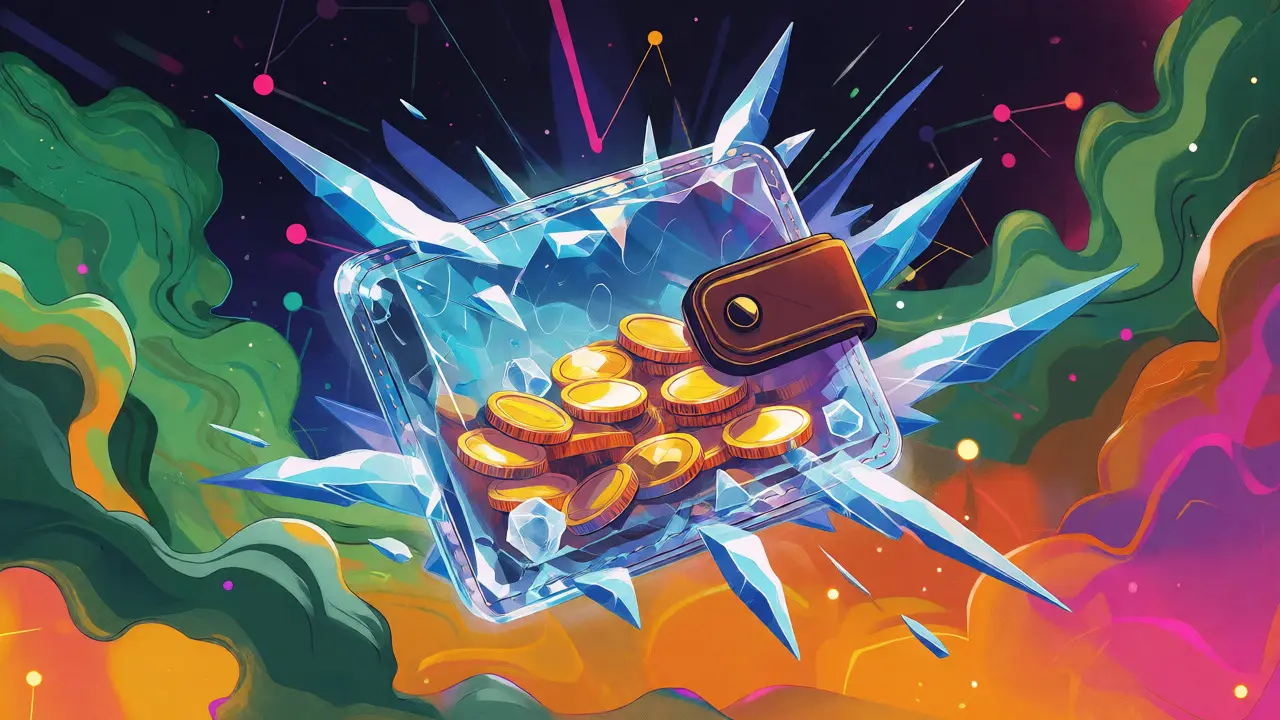 Surreal illustration of crypto coins turning to ice, symbolizing Tether freezes on Iranian wallets.
