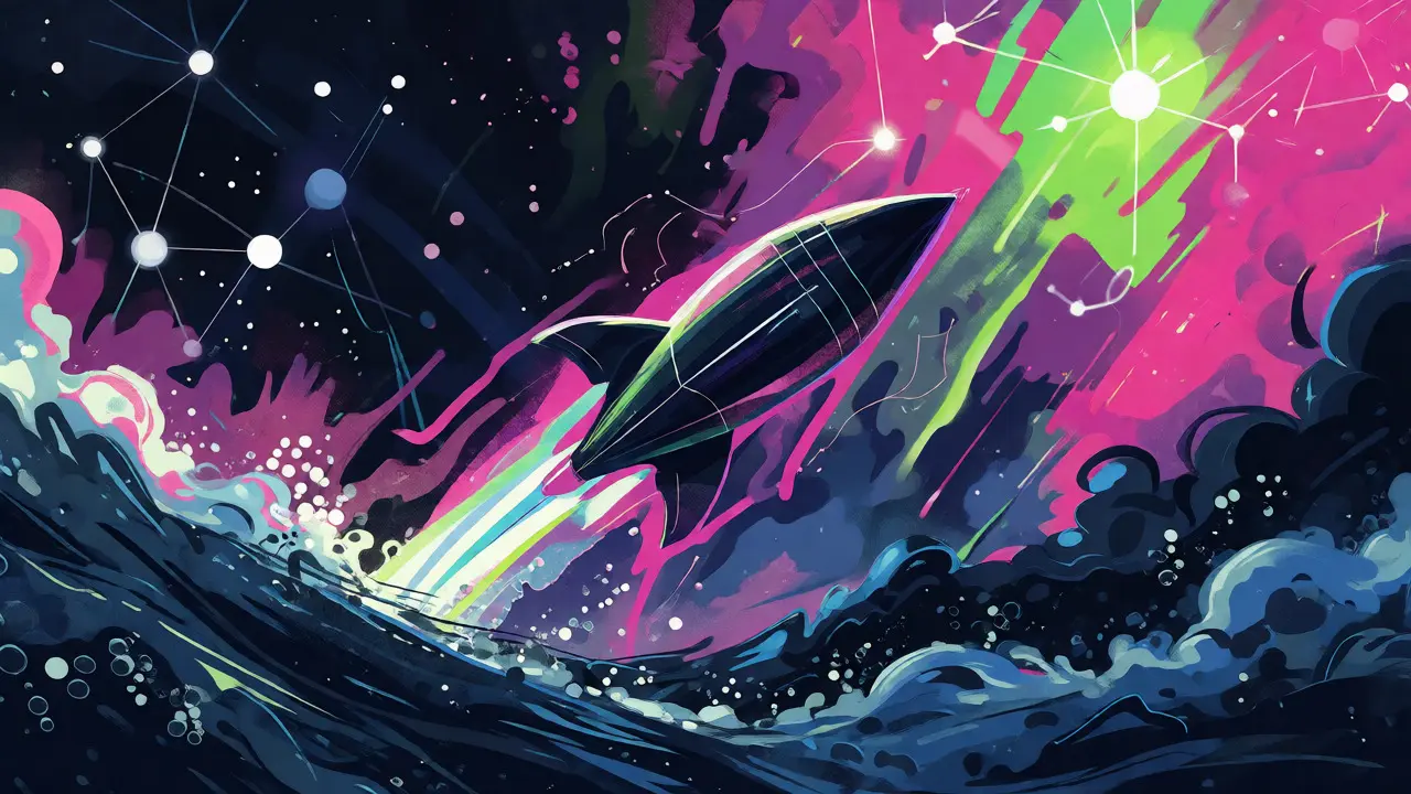 Token rocket launching from turbulent sea toward starry constellation