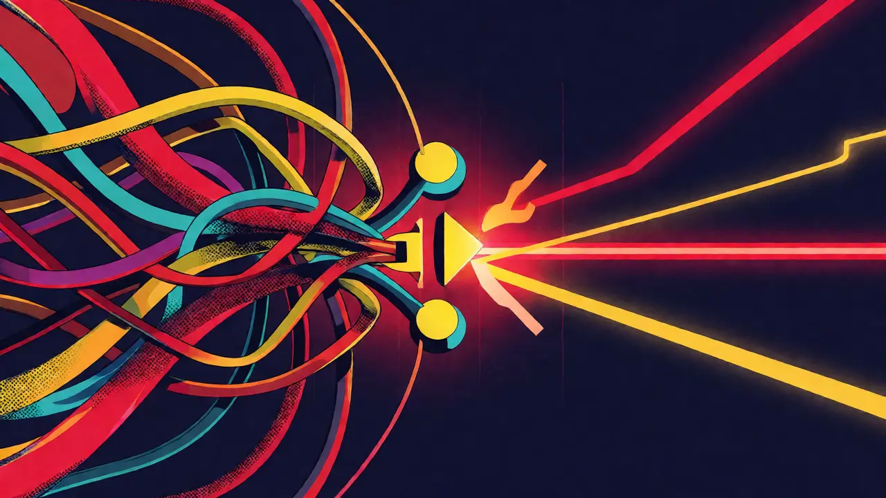 Vibrant cartoon visualizing efficient token swaps with direct glowing paths replacing tangled wires.