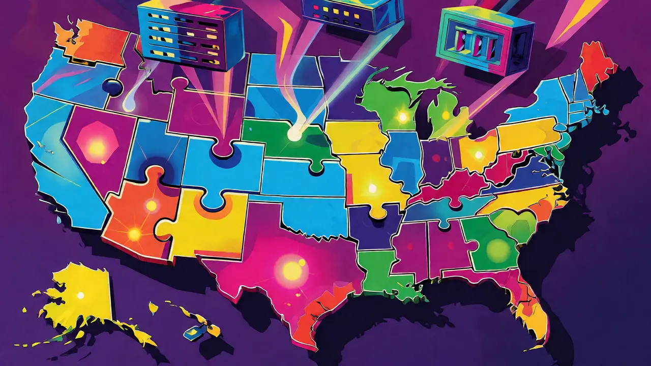 Vibrant map of the USA composed of puzzle pieces representing fragmented state crypto laws.