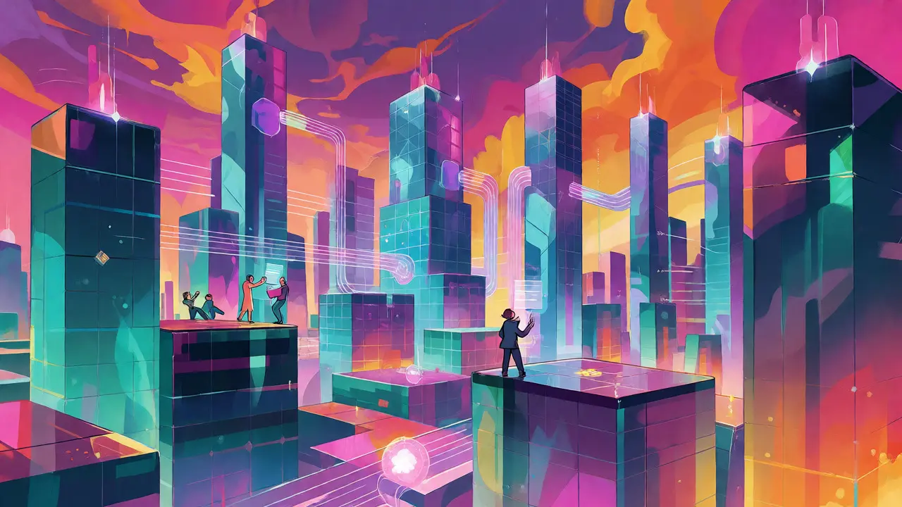 Vibrant Peter Max style cartoon of a futuristic digital city representing the XinFin XDC network and Globiance ecosystem.