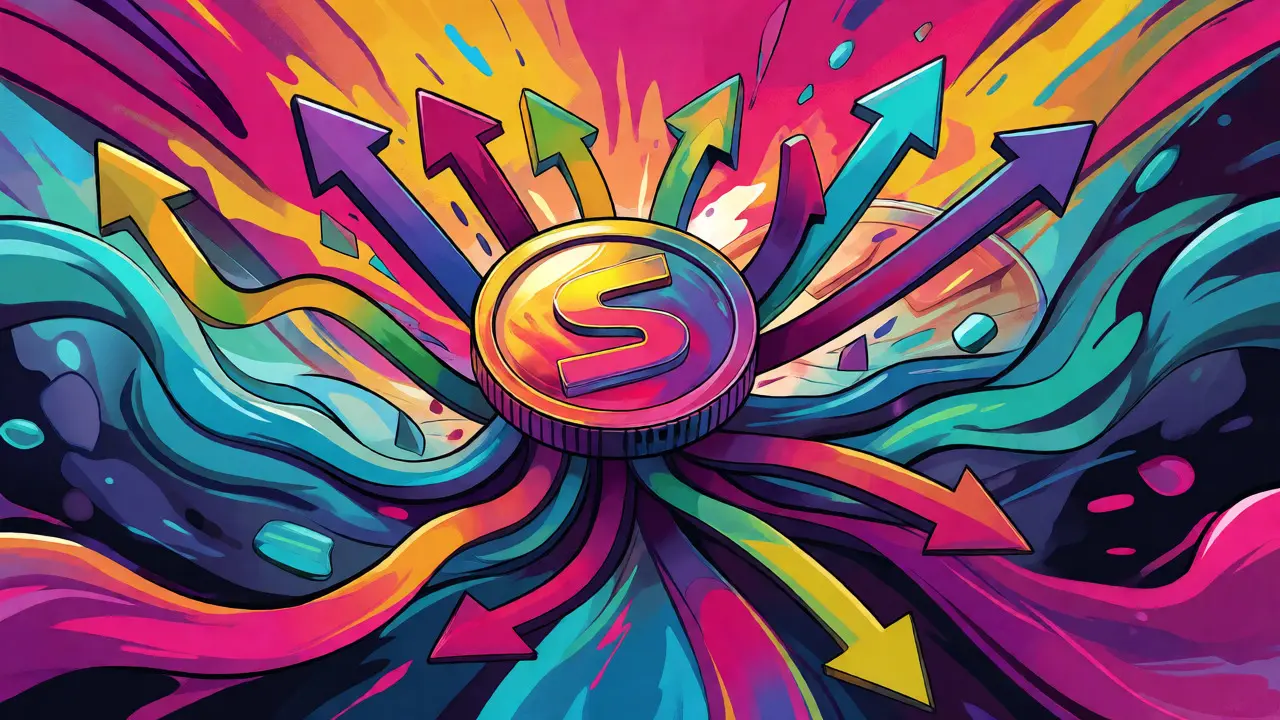 Vibrant pop-art depiction of a crypto coin surrounded by dynamic, rainbow-colored market movement arrows.