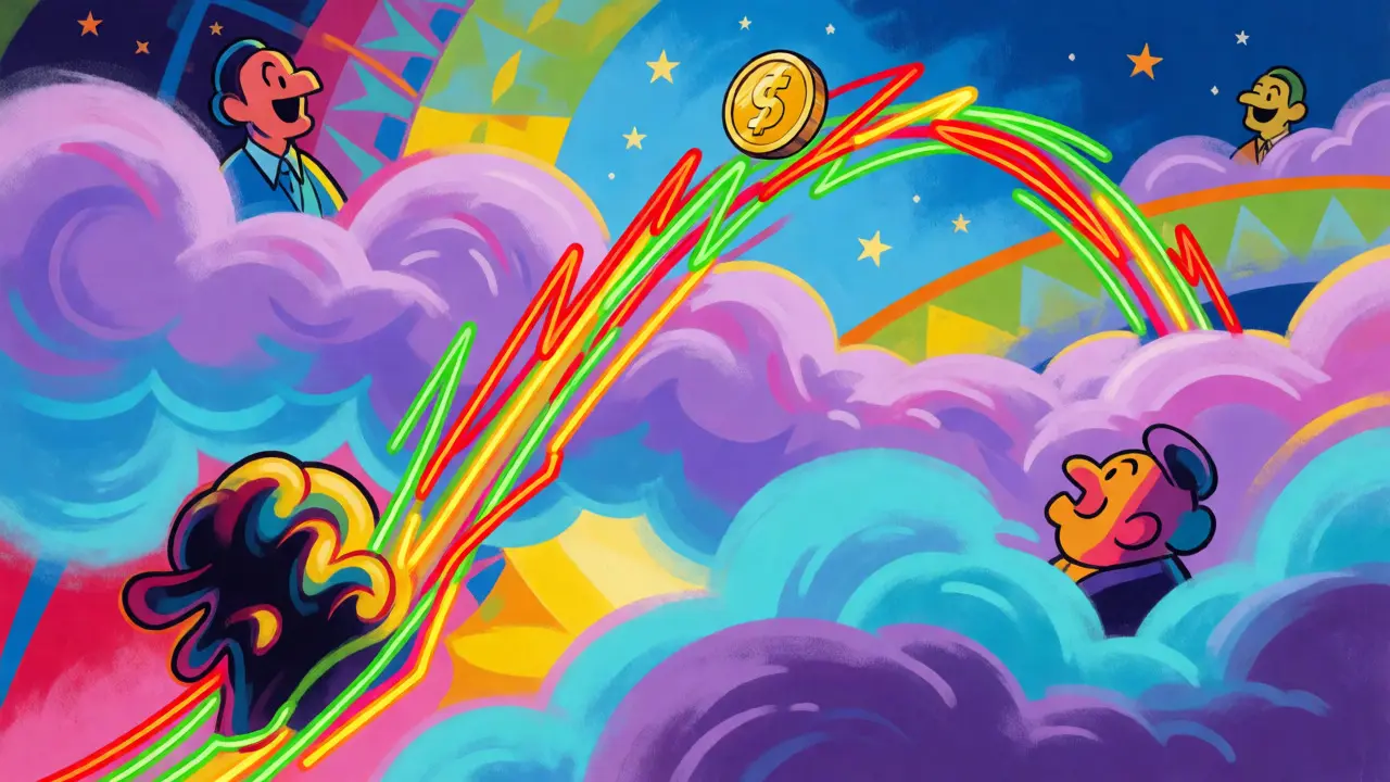 Volatility chart as neon rollercoaster in Peter Max art