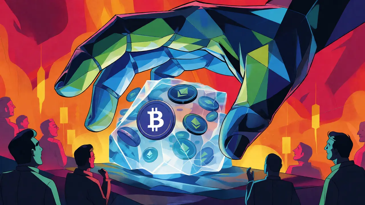 A giant crystalline hand freezing crypto icons in ice against a fiery background in Peter Max cartoon style.