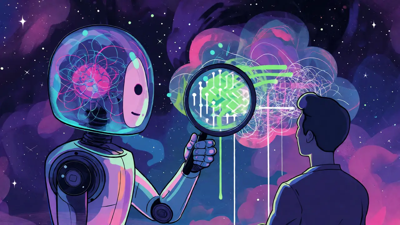 A stylized AI robot assisting a human by filtering data clouds in a cosmic setting.
