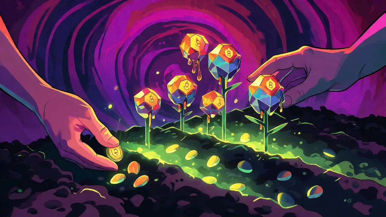 Abstract art showing tokens being planted like seeds growing into crystal rewards