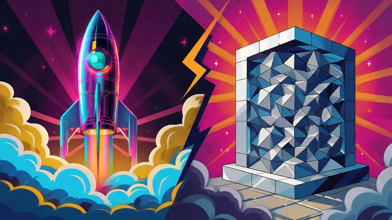 Abstract cartoon of a rocket launching past a secure vault in vibrant psychedelic colors
