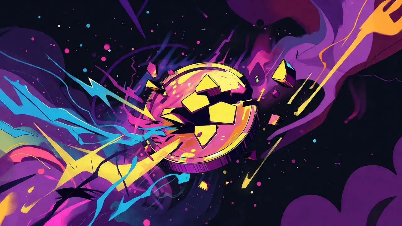 Abstract colorful depiction of a shattering coin symbolizing volatile crypto market risks.