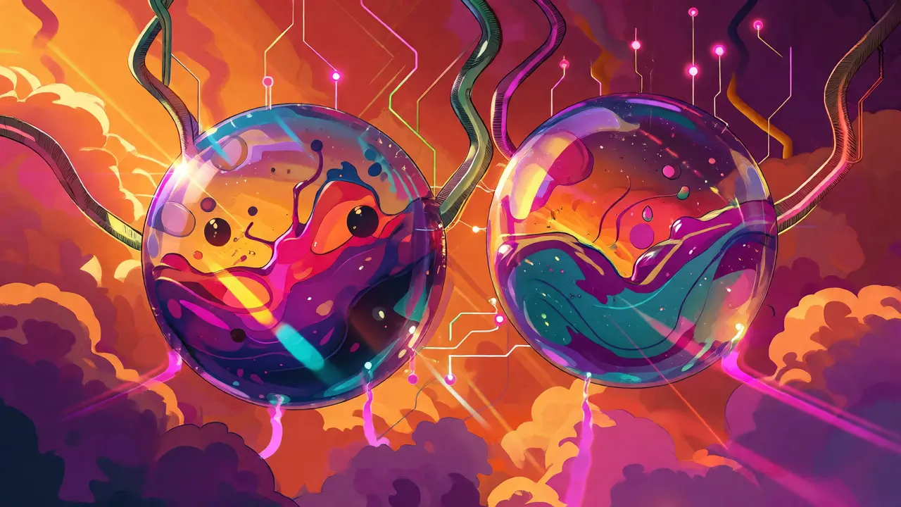 Abstract glass orbs mixing liquids to represent DeFi liquidity pools
