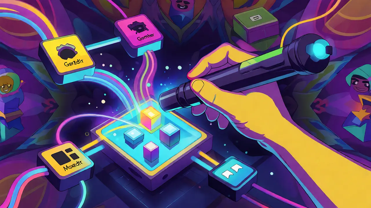 Abstract illustration of voxel editing and game creation tools in vibrant colors.