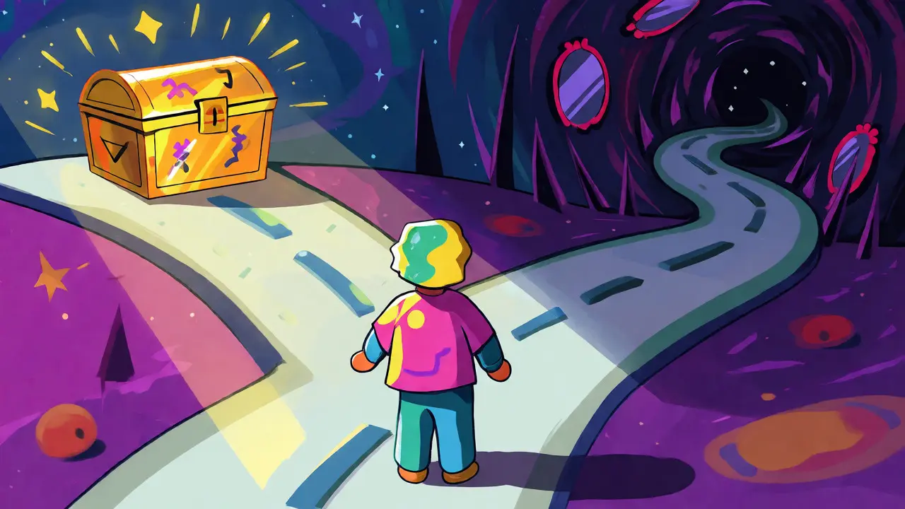 Cartoon scene showing a user choosing between a bright official site and a dark scam trap in crypto.