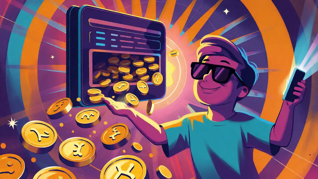 Character catching golden APTR tokens from a digital portal on a colorful background.