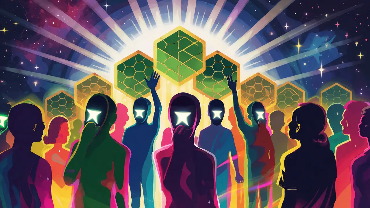 Community members holding Peepo masks in a vibrant, decentralized network setting.