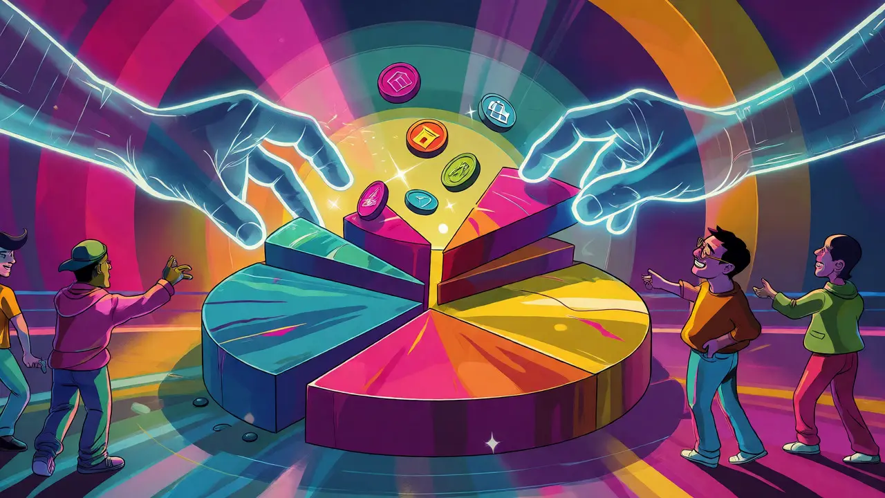 Diverse people grabbing slices of a tokenized asset in vibrant colors.