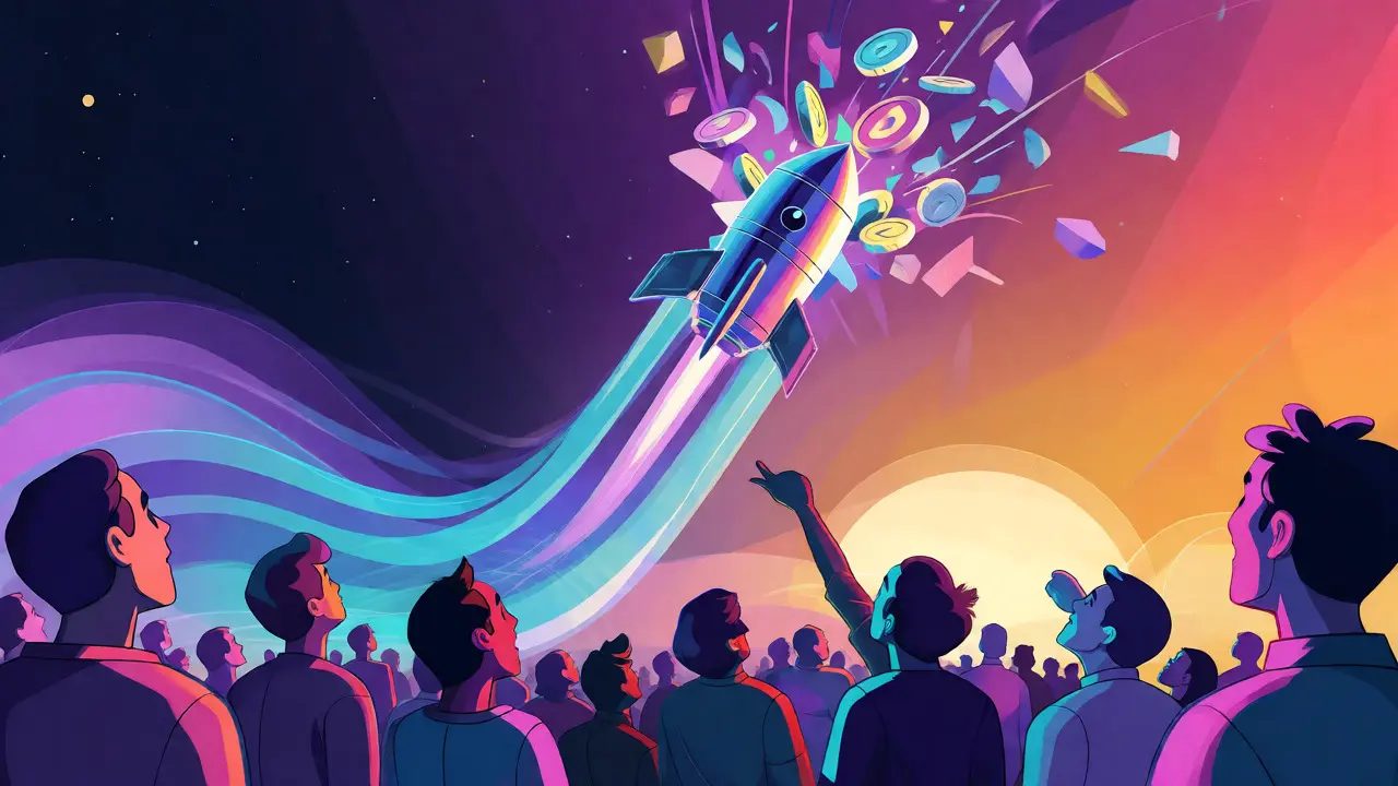 Dynamic rocket launch illustration symbolizing fast Polygon transactions and airdrop wins.