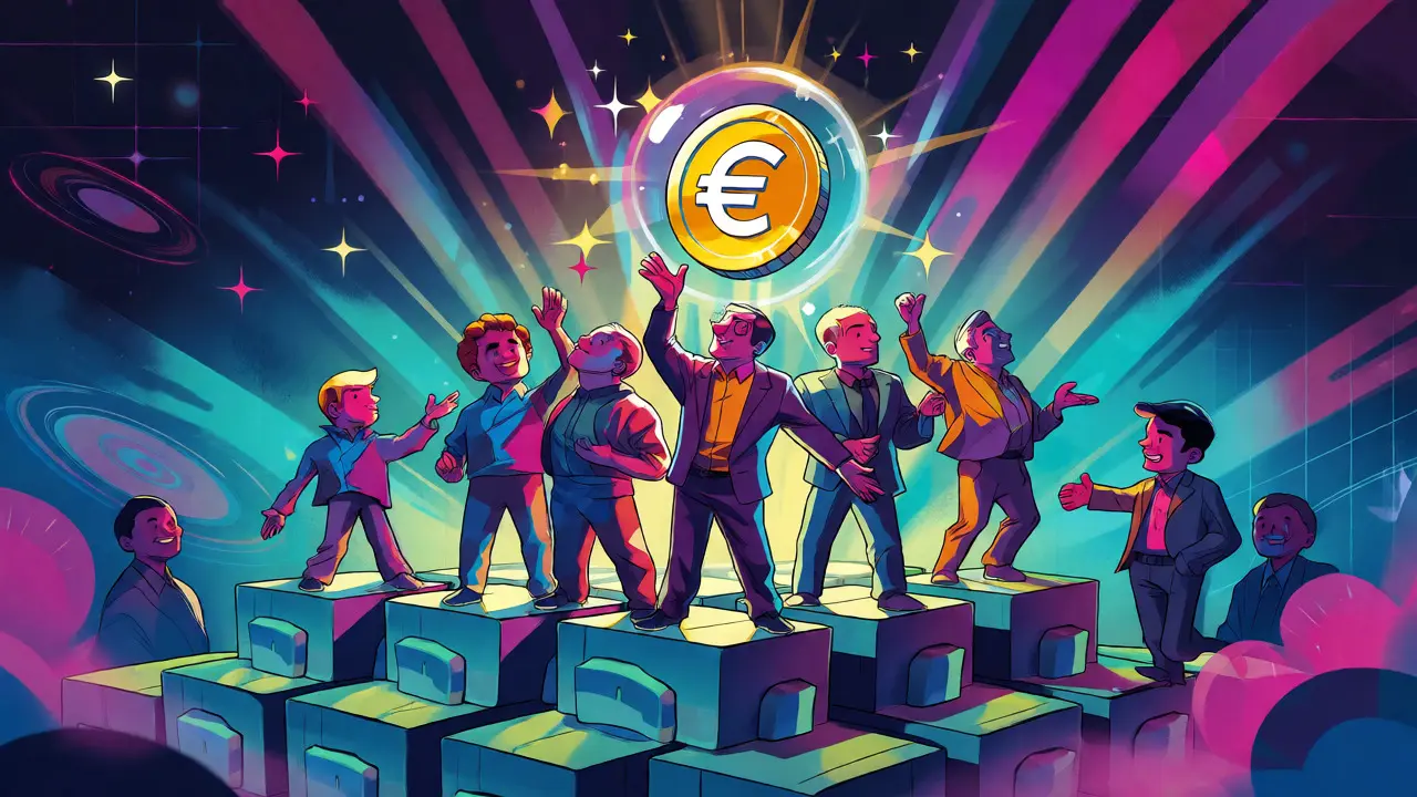 Futuristic illustration of European banks launching a new compliant stablecoin amidst digital stars.