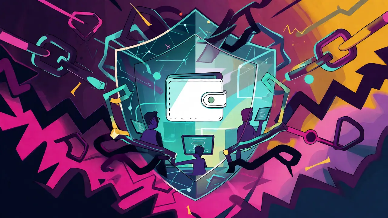 Geometric shield protecting a crypto wallet from chaotic scam shapes