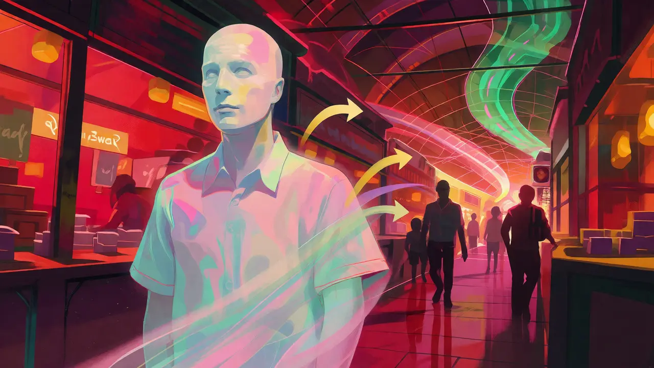 Ghostly figure fading amidst a vibrant busy marketplace