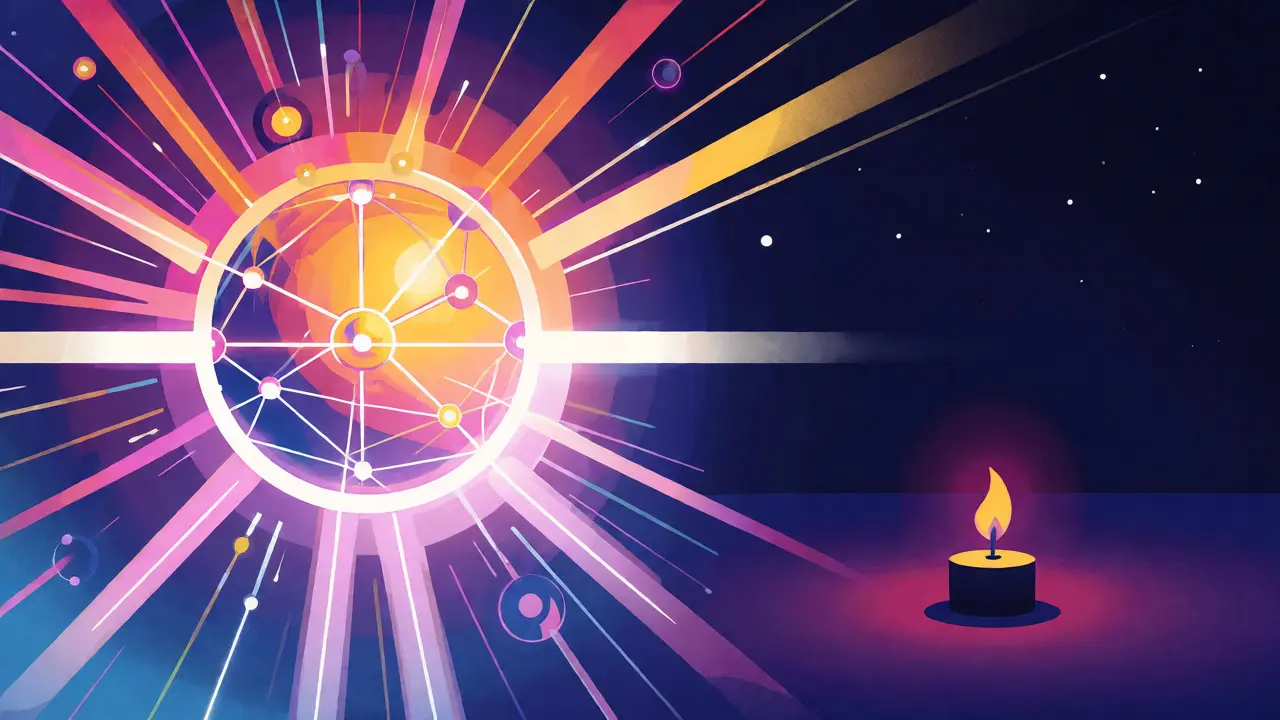 Giant radiant sun versus tiny candle showing market dominance