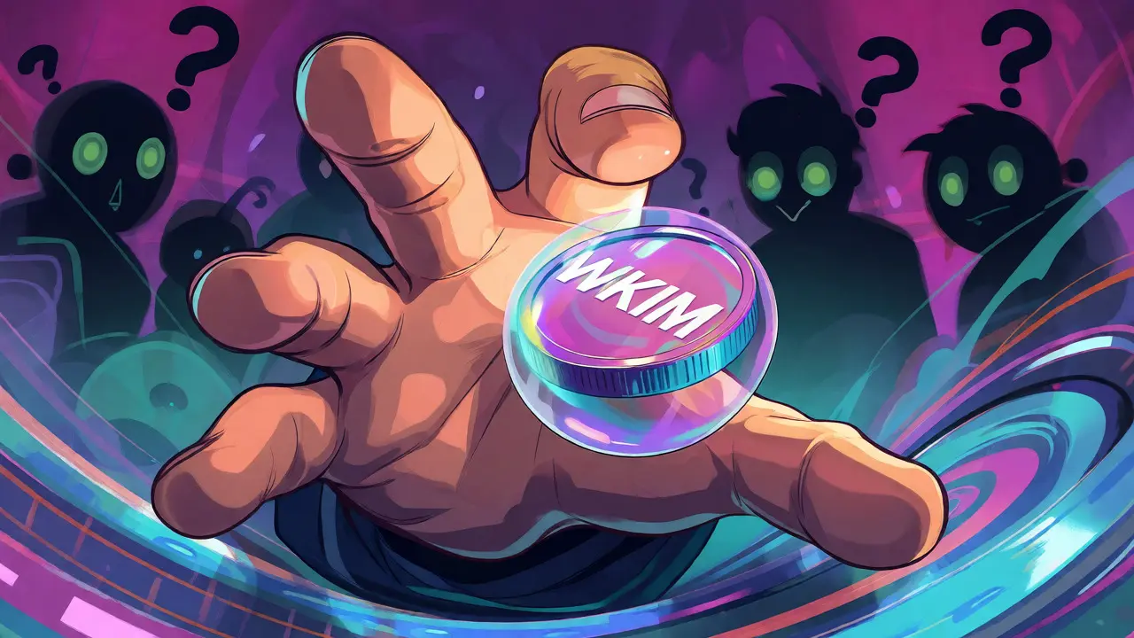Hand reaching for wrapped WKIM token in a colorful vortex with lurking scammer shadows.