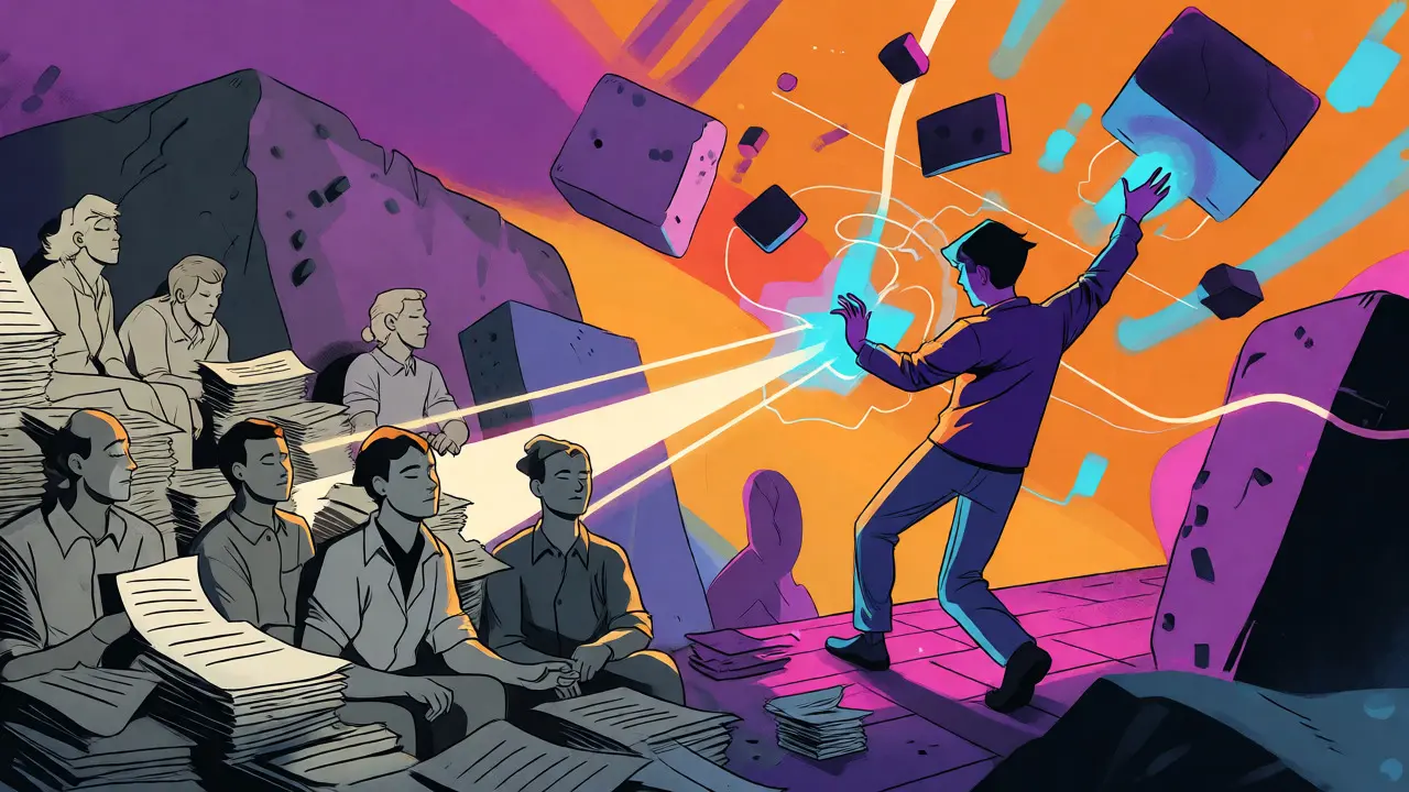 Passive holders connecting via light beams to an active delegate amidst abstract voting visuals.