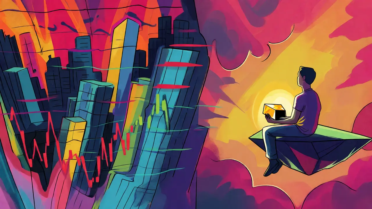 Peter Max style art contrasting chaotic market waves with an isolated holder of KingMoney.