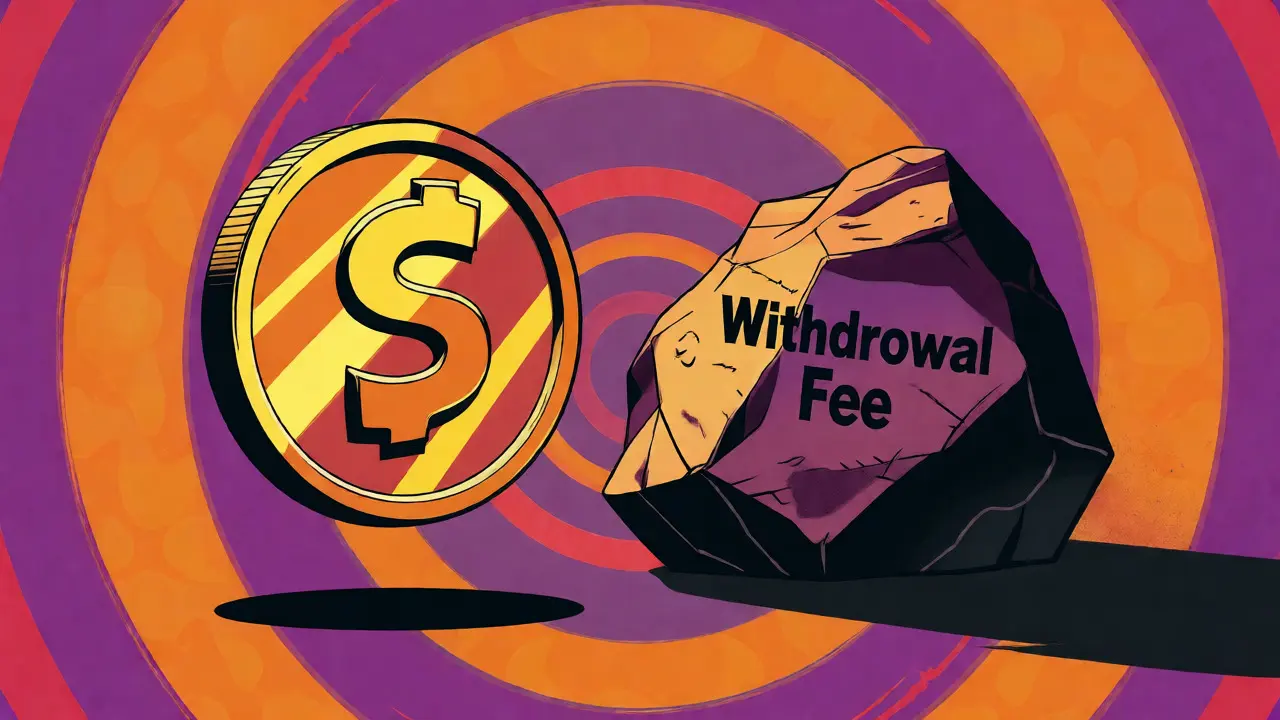 Pop art depiction of a gold coin weighed down by a heavy withdrawal fee rock.