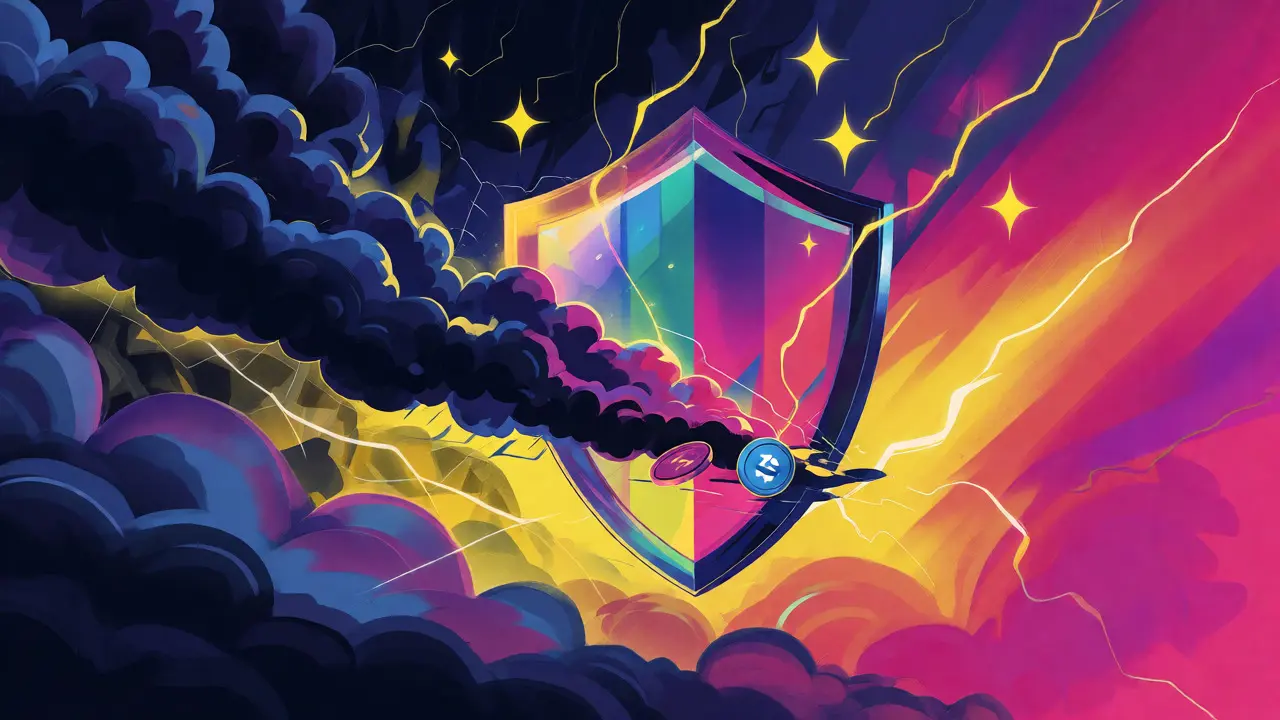 Rainbow glass shield protecting crypto tokens from dark storm clouds symbolizing market risks.