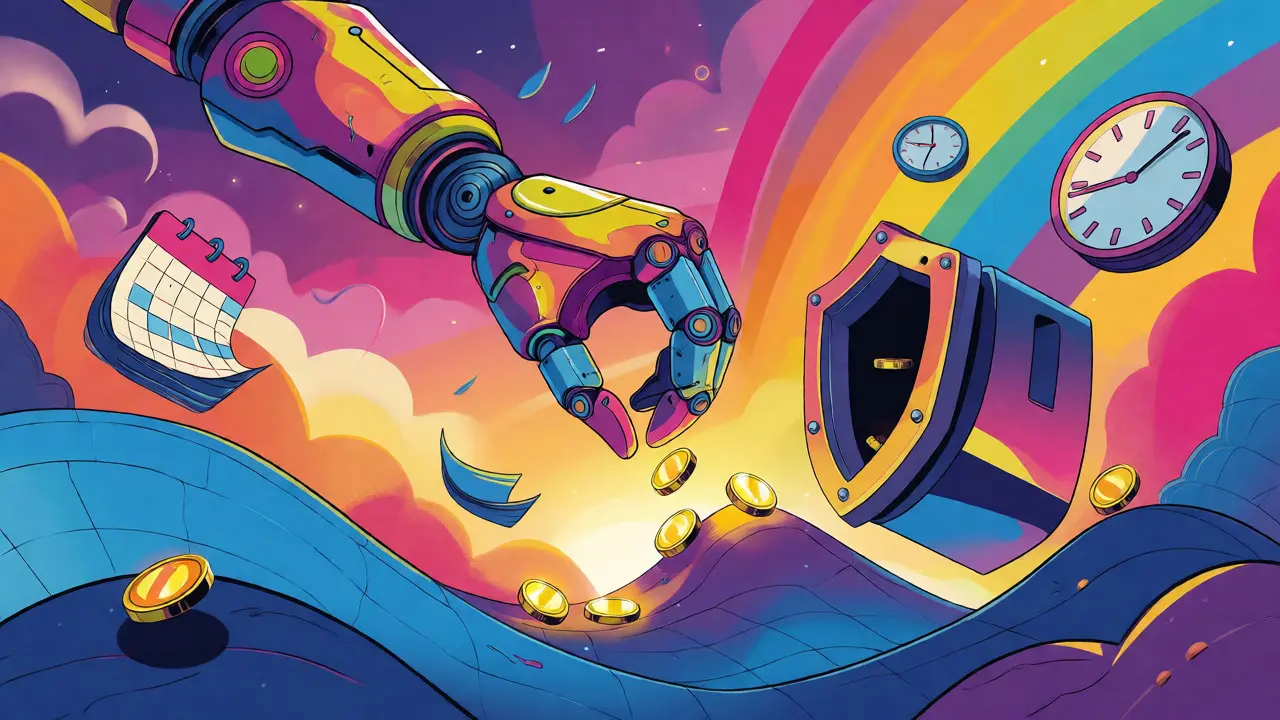 Robotic arm placing coins into a vault amidst colorful abstract market waves