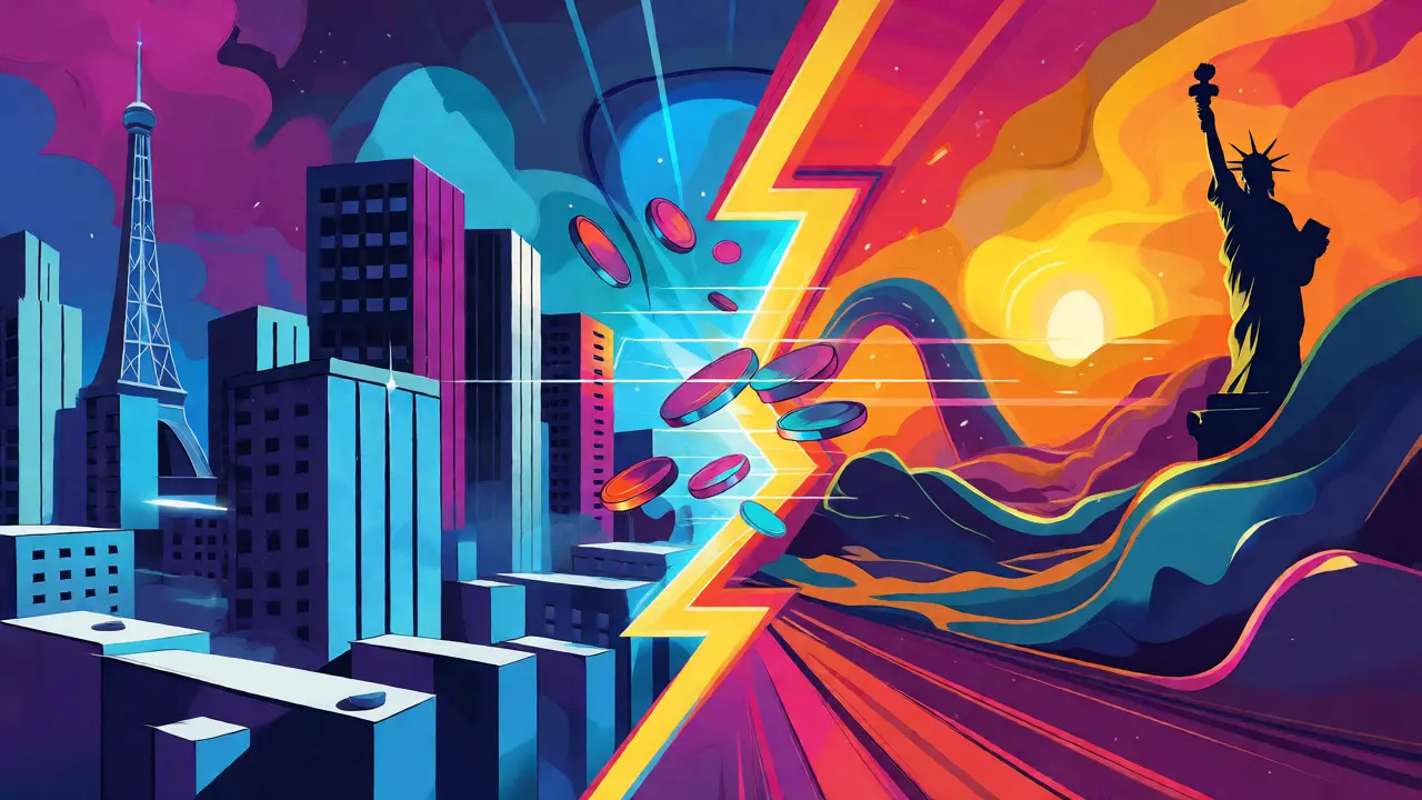 Split-screen cartoon contrasting strict European regulations with flexible US markets using bold colors.
