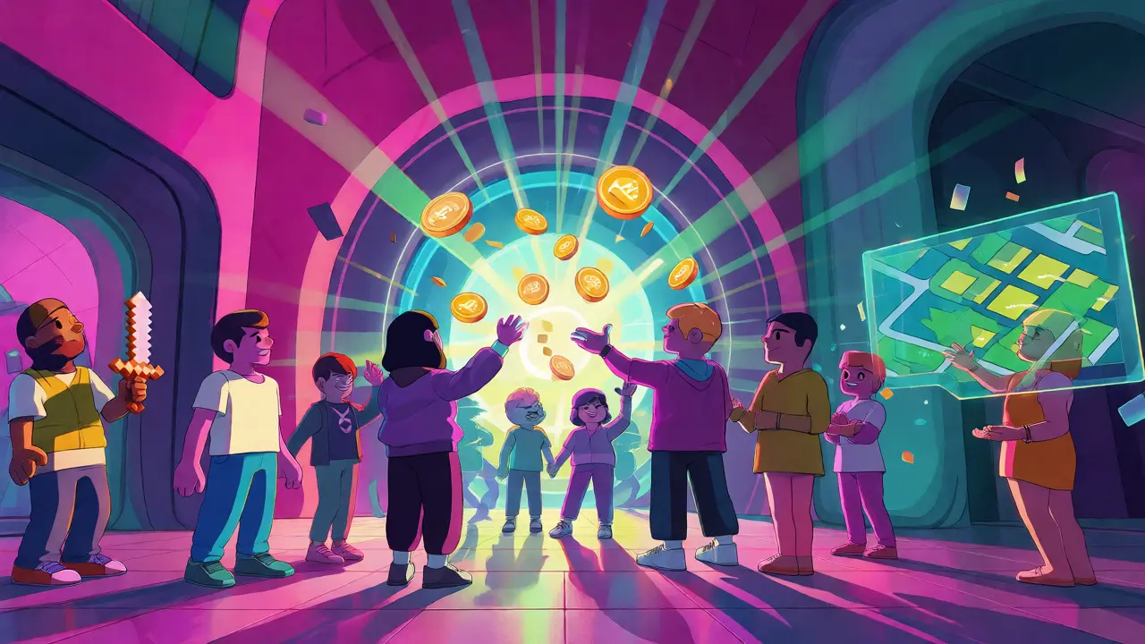 Stylized avatars celebrating SAND token rewards in a colorful digital plaza.