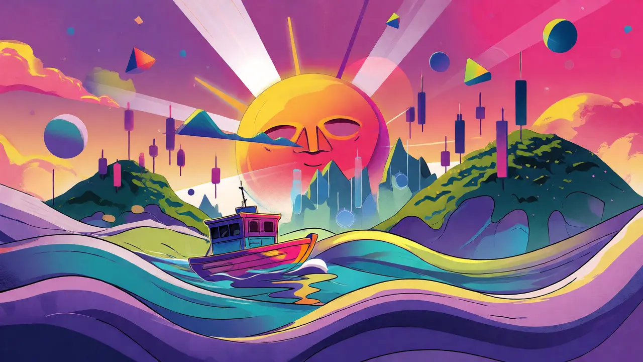 Stylized boat navigating a colorful digital sea with chart-shaped islands under a radiant sun