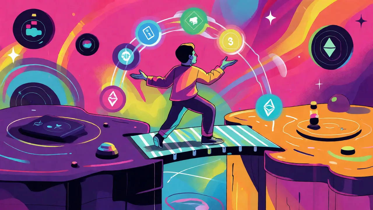Stylized figure juggling glowing tokens while bridging assets across blockchain layers